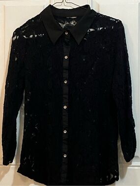 Sheer Black Lace Button Up Top w/Ruched Sleeves-Small